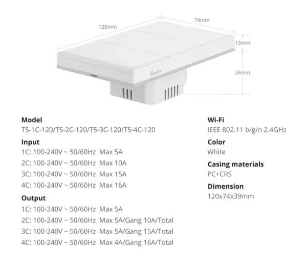 مفتاح حائط ذكي يعمل باللمس SONOFF TX Ultimate T5-1C-120